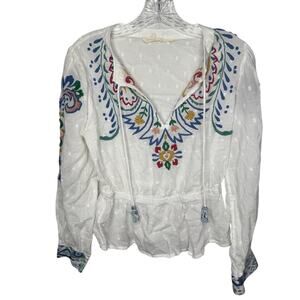 Forever That Girl White Embroidered Peasant Blouse Boho Festival Top 100% Cotton